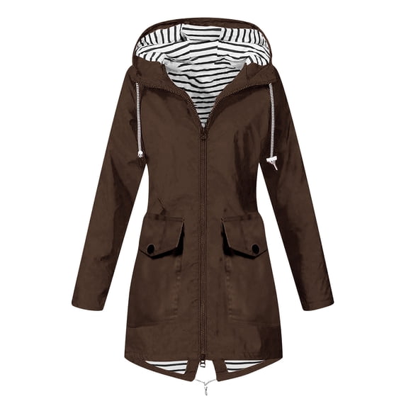 FRSASU Women coats plus size Clearance Solid Color Rain Jacket Outdoor Hooded Windproof Loose with Pocket Coat Coffee 4(S)