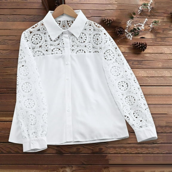 FRSASU Women fashionable and comfortable Dressy Casual Tops Long Sleeve Lace Button Up Shirts lapel Trendy Loose Blouses White
