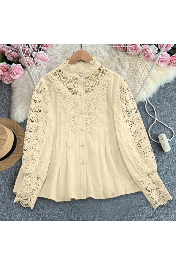 Women fashionable and comfortable Dressy Casual Tops Long Sleeve Lace Button Up Shirts stand up collar Trendy Loose Blouses Yellow
