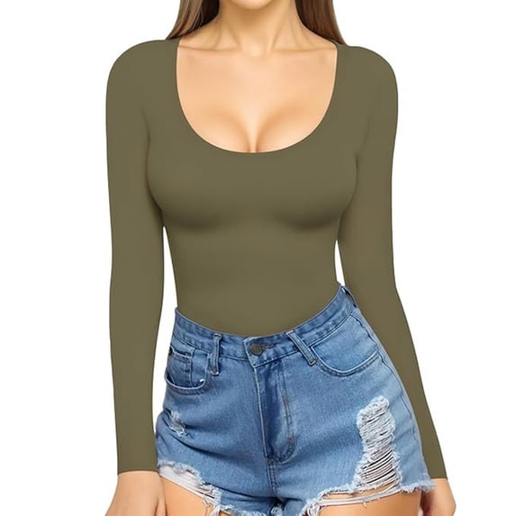 FRSASU Women fashionable and comfortable Long Sleeve round neck Shirts Slim Fit Tops Basic Tee Fall Outfits Casual T-Shirt Army Green