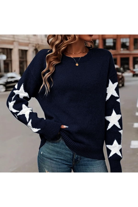 Women fashionable and comfortable Sweater Fall Star Pullover Long Sleeve Crewneck Casual Cute Sweaters Tops Blue