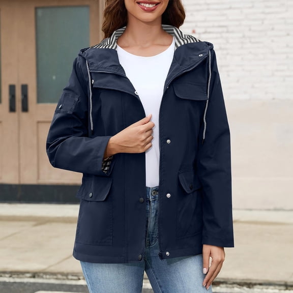 FRSASU Women fashionable and comfortable hooded Coat Windbreaker Zip Up Jacket with Pockets Casual Long Sleeve Outwear Navy