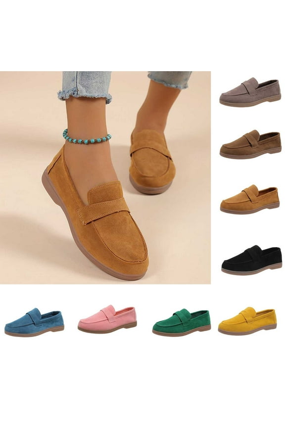 Women retro suede flat heel shallow mouth Loafers Comfortable Shoes Casual Slip on Flats for Walking Driving Business Khaki
