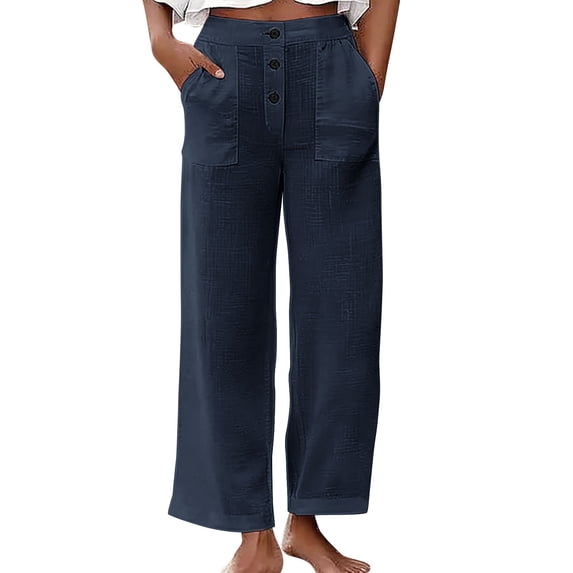 FRSASU Women's 100% Cotton High Waisted Wide Leg Palazzo Pants Casual Lounge Boho Flowy Pants with Pockets Navy-A