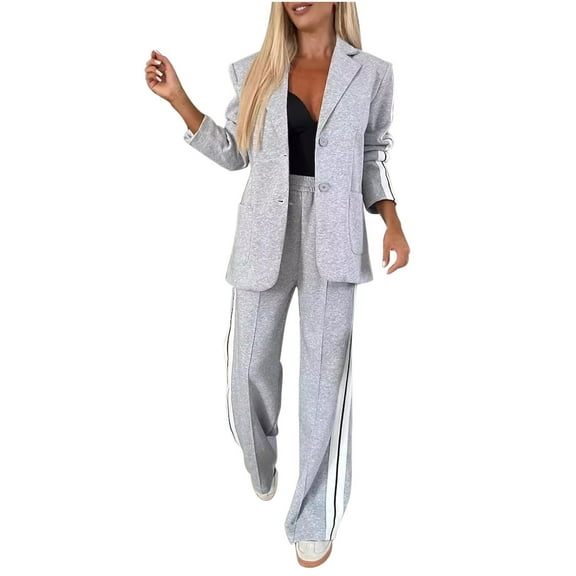 FRSASU Women's 2 Piece Color Blocked Blazer Outfits Business Casual Oversized Jacket Wide Leg Work Pants Dressy Suit Set Gray S(S)