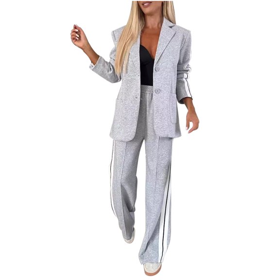 FRSASU Women's 2 Piece Color Blocked Blazer Outfits Business Casual Oversized Jacket Wide Leg Work Pants Dressy Suit Set Gray XL(XL)