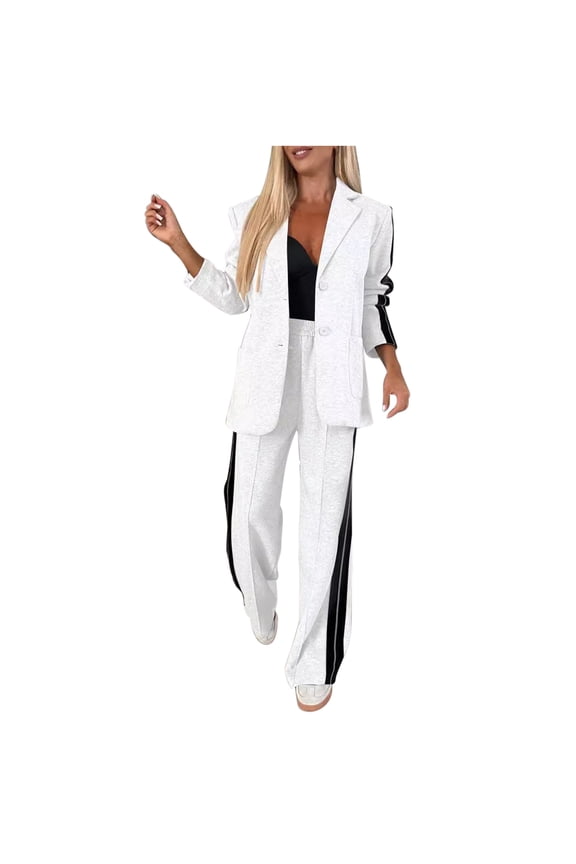 Women's 2 Piece Color Blocked Blazer Outfits Business Casual Oversized Jacket Wide Leg Work Pants Dressy Suit Set White S(S)