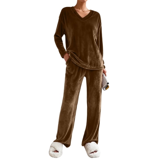 FRSASU Women’s 2-Piece Flannel Pajama Set Nightwear for Sleeping Long Sleeve Loungewear Top and Pajama Pants Sleepwear Coffee