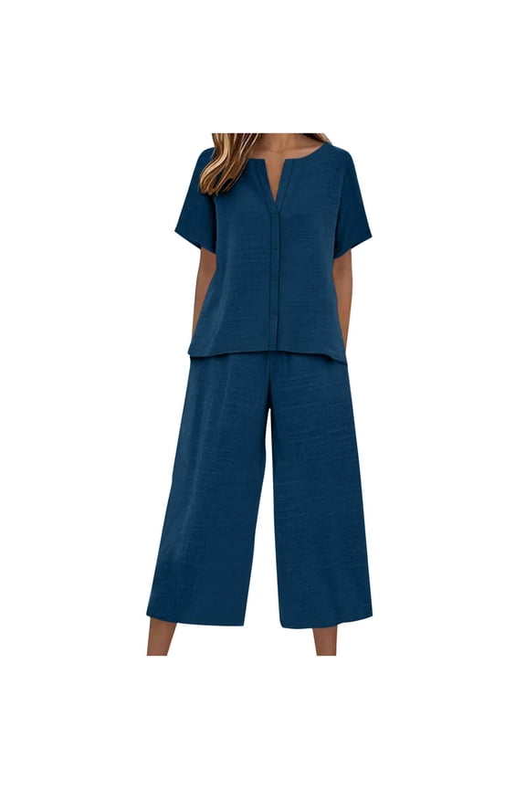 Women's 2 Piece Linen Set Short Sleeve V Neck Button Top Wide Leg Capri Pants Plus Size Summer Loungewear Vacation Outfit Navy
