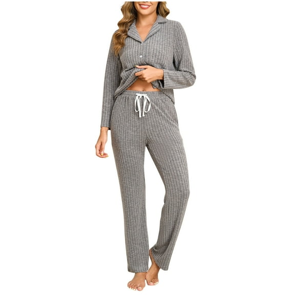 FRSASU Women's 2 Piece Lounge Pajama Sets Ribbed Long Sleeve Button Top Matching Pants Sleepwear Set Fall Winter Outfits Gray