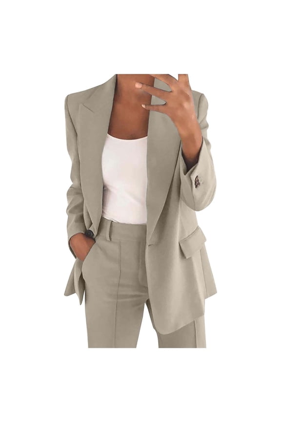 Women's 2 Piece Outfit Casual Solid Open Front Blazer and Pencil Pant Suits Set Gray