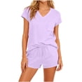 thumbnail image 1 of FRSASU Women's 2 Piece Outfits Casual Short Sleeve Pullover Tops and Drawstring Shorts Pants Lounge Sets Purple, 1 of 7
