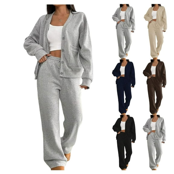 FRSASU Women's 2 Piece Outfits Fall Winter Fashion Solid Color Tracksuit Button up Sweatshirt Long Sweatpant Matching Set Navy