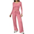thumbnail image 1 of FRSASU Women's 2 Piece Outfits Lounge Sets Spring Long Sleeve Button Slim Tops Wide Leg Drawstring Pants Casual Matching Set Pink, 1 of 8