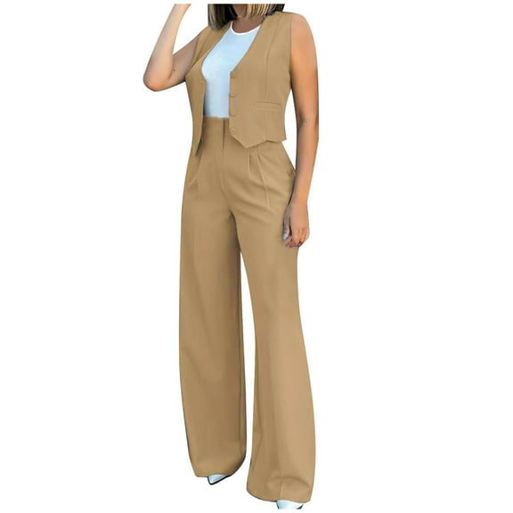 FRSASU Women's 2 Piece Outfits Sleeveless Suit Vest and Wide Leg Pants Business Casual Blazer Sets Khaki