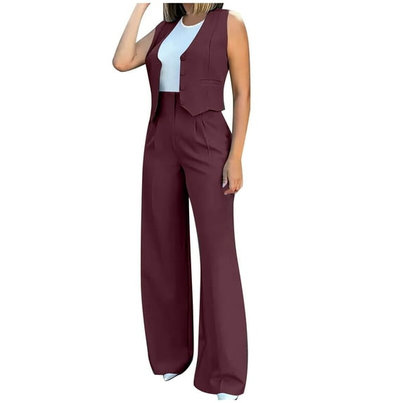 FRSASU Women's 2 Piece Outfits Sleeveless Suit Vest and Wide Leg Pants Business Casual Blazer Sets Wine