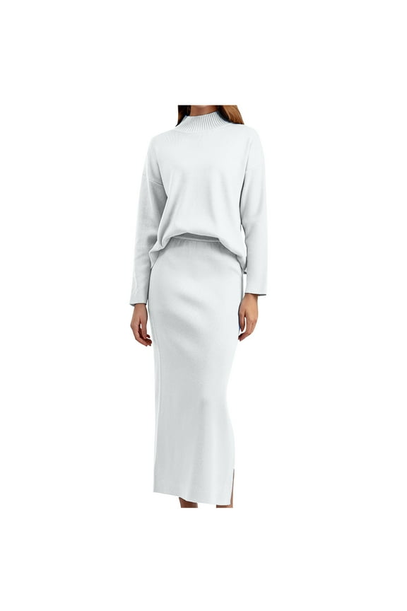 Women's 2 Piece Outfits Solid Color Long Sleeve Round Neck Knit Sweater Top Lounge Sets Tracksuits White