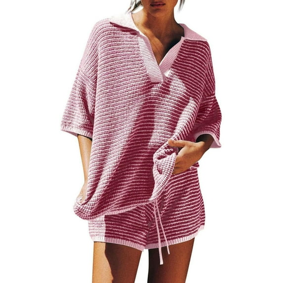 FRSASU Women's 2 Piece Shorts Knit Set Casual Summer/Fall V Neck Short Sleeve Sweater High Waisted Shorts Knit Fashion Set Pink M(M)