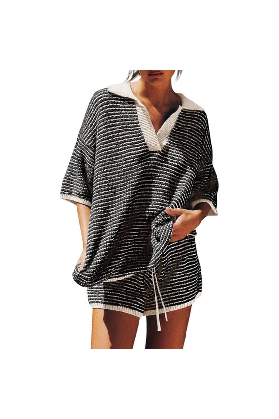 Women's 2 Piece Shorts Knit Set Casual Summer/Fall V Neck Short Sleeve Sweater High Waisted Shorts Knit Fashion Set White L(L)