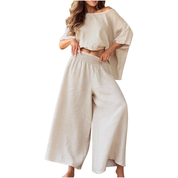 FRSASU Women's 2 Piece Solid Color Outfits Bat Sleeve off Shoulder Round Neck Tops and Loose Pants Casual Sets Tracksuit Beige XXXL(XXXL)