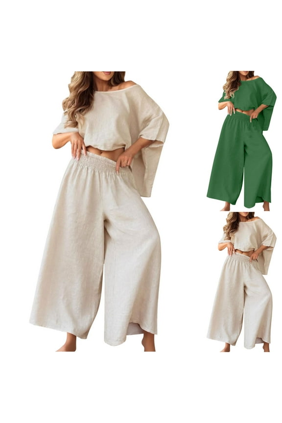 Women's 2 Piece Solid Color Outfits Bat Sleeve off Shoulder Round Neck Tops and Loose Pants Casual Sets Tracksuit Green XS(XS)