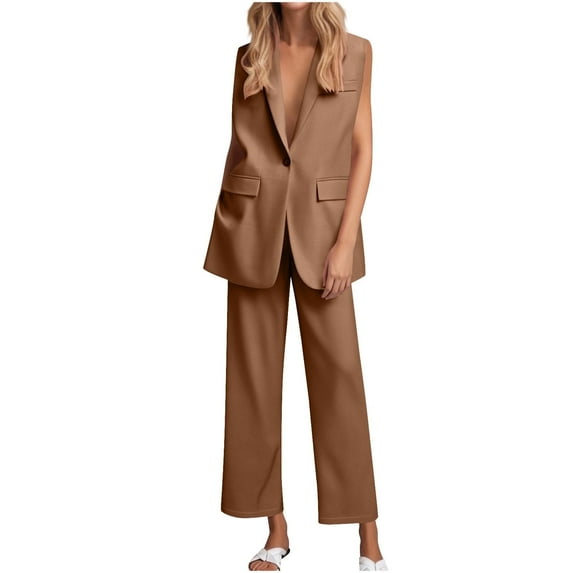 FRSASU Women's 2 Piece Suit Sets Sleeveless Button Vest and Wide Leg Pants Business Casual Work Outfits Coffee XL(XL)