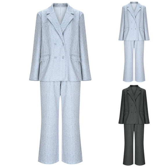 FRSASU Women's 2 Pieces Pant Suits, Double Breasted Blazer Set, Casual Loose Long Blazer Jackets and Long Pant Suits Gray XL(XL)