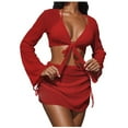 thumbnail image 1 of FRSASU Women's 4 Piece Swimsuit Fishnet Triangle Halter String Bikini Set with Cover up Top Skirt Split Swimsuit Set Red, 1 of 3