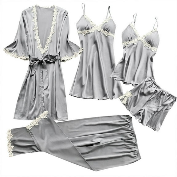 FRSASU Women's 5 Piece Sleepwear Floral Lace Satin Cami Pajama Set Silk Dress Nightgown with Robe Loungewear Nightwear Sets Gray