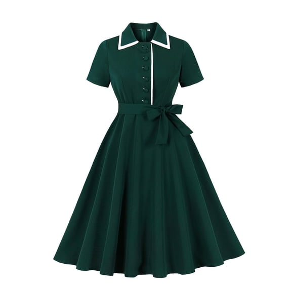 FRSASU Women's 50s 60s Vintage Tie Neck Short Sleeve Plaid Summer Swing Rockabilly Prom Party Dresses Green-A