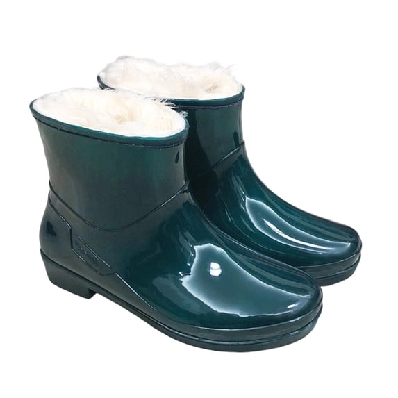 FRSASU Women's Ankle Rain Boots Faux Fur Lined Waterproof Short PVC Non‑Slip Low Heel Outdoor Garden Shoes Green