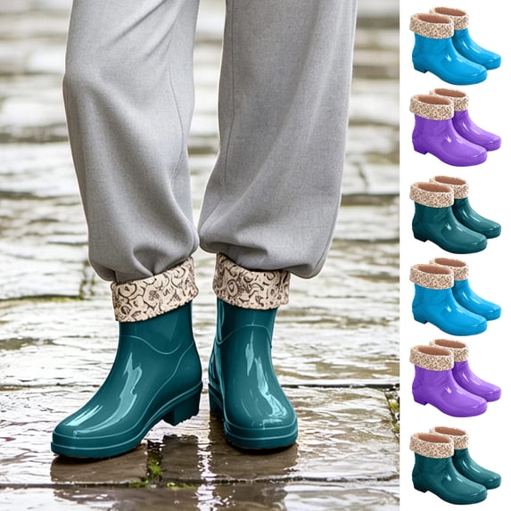 FRSASU Women's Ankle Rain Boots Floral Fleece Lined Waterproof Short Boots Non‑Slip PVC Garden Shoes Purple-B