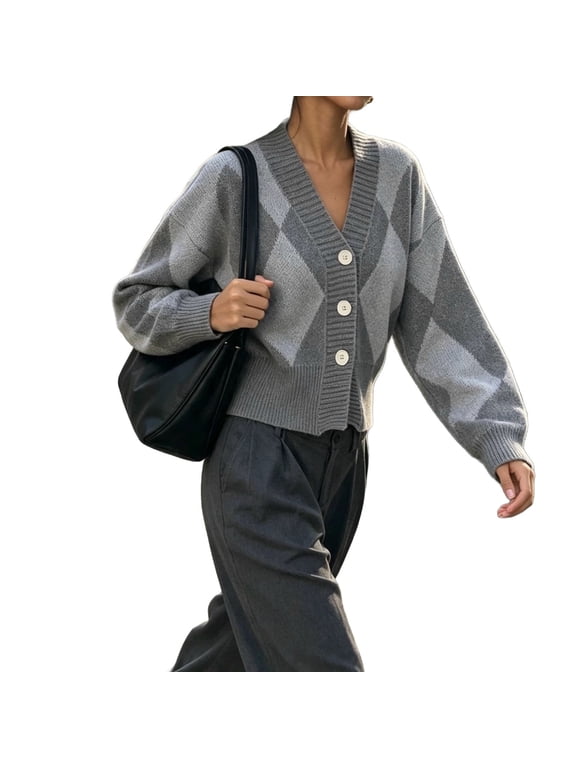 Women's Argyle Plaid Cropped Cardigan, V‑Neck Button‑Front Long Sleeve Loose Diamond Check Knit Sweater Jacket Gray