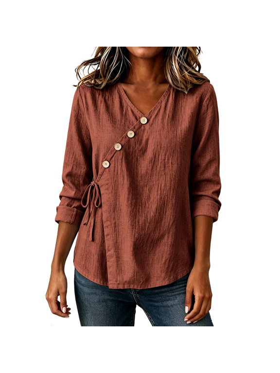 Women's Asymmetric Hem Long Sleeve Wrap Blouse Side Tie Wrap Tunic Fall Boho Gauze V Neck Button Loose Pullover Wine
