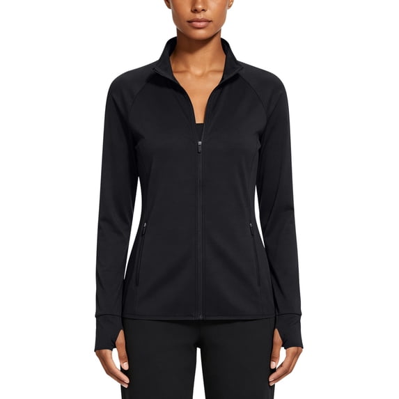 FRSASU Women's Athletic Jackets Slim Fit Workout Jacket Full Zip Up Running Gym Yoga Sports Tops with Zipper Pockets Black