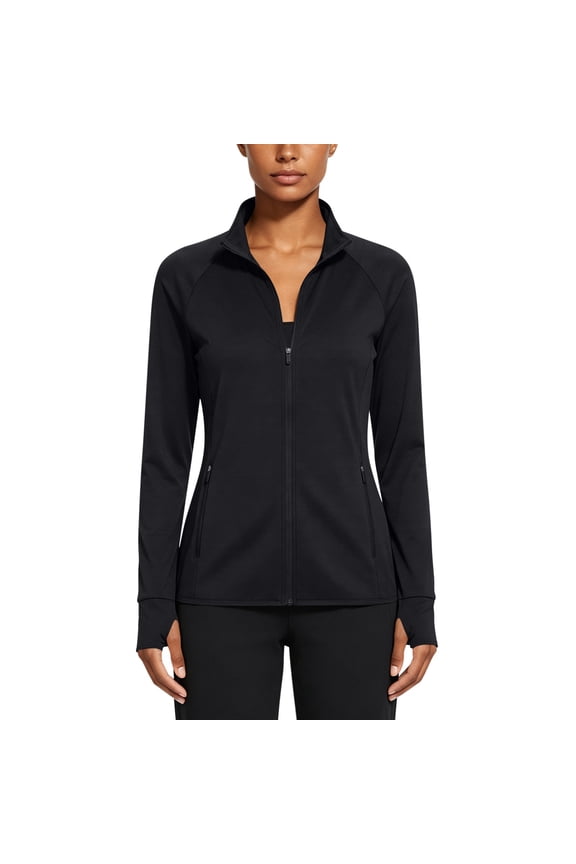 Women's Athletic Jackets Slim Fit Workout Jacket Full Zip Up Running Gym Yoga Sports Tops with Zipper Pockets Black