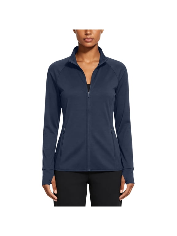 Women's Athletic Jackets Slim Fit Workout Jacket Full Zip Up Running Gym Yoga Sports Tops with Zipper Pockets Dark Blue