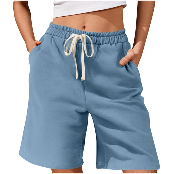 FRSASU Women's Athletic Shorts Sweat Summer Loose Drawstring Lounge Sports Workout Bermuda Knee Shorts with Pockets Blue