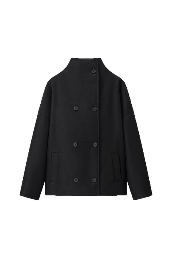 Women's Autumn Long Sleeve Double Breasted Short Coat Winter Loose Fit Stand up Collar Jacket Black