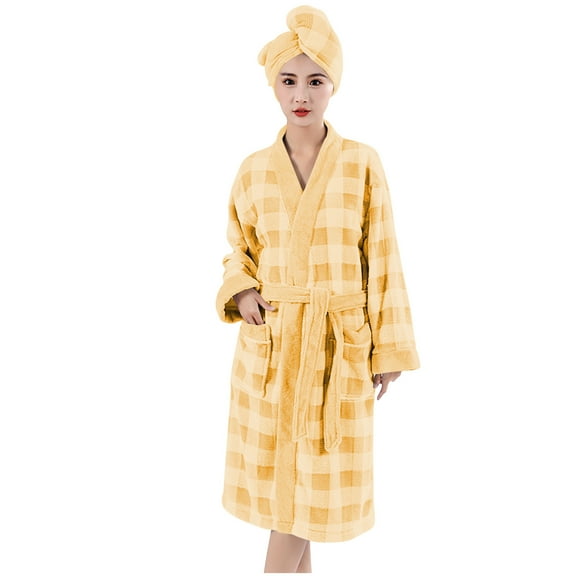 FRSASU Women's Autumn/Winter Thick Coral Fleece Bathrobe with Hair Towel Wrap Plaid Quick Drying Absorbent Warm Strap Robes Yellow