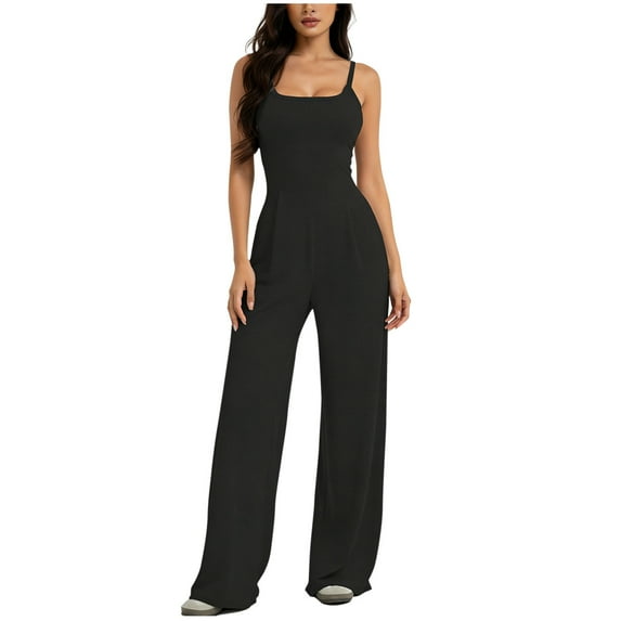 FRSASU Women's Backless Sleeveless Jumpsuits Wide Leg One Piece Sleeveless Rompers Spaghetti Strap Unitard Overalls Black