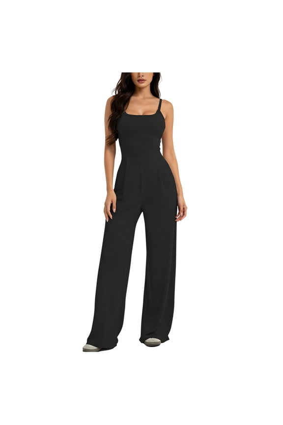 Women's Backless Sleeveless Jumpsuits Wide Leg One Piece Sleeveless Rompers Spaghetti Strap Unitard Overalls Black