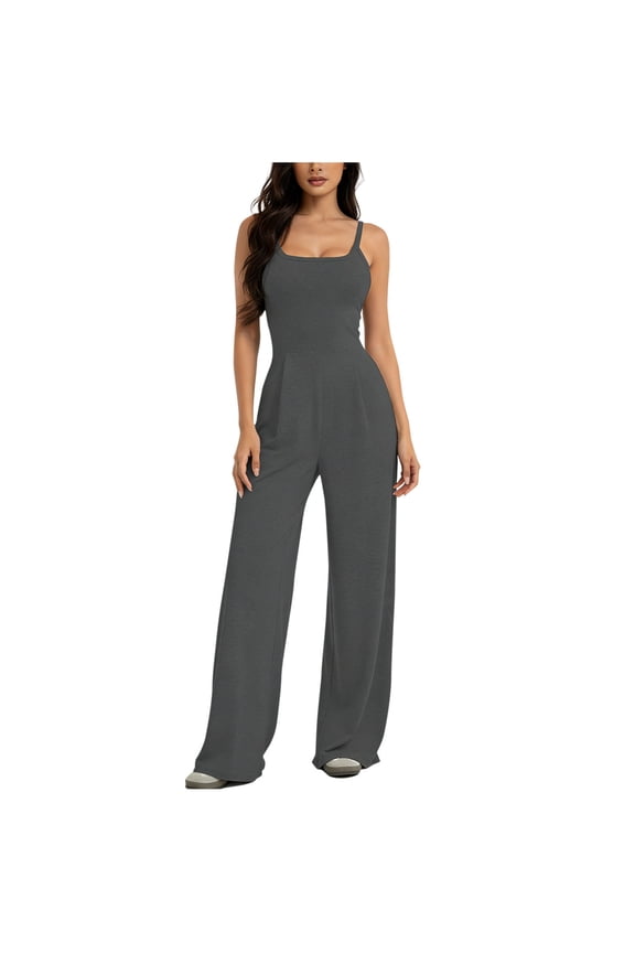 Women's Backless Sleeveless Jumpsuits Wide Leg One Piece Sleeveless Rompers Spaghetti Strap Unitard Overalls Dark Gray