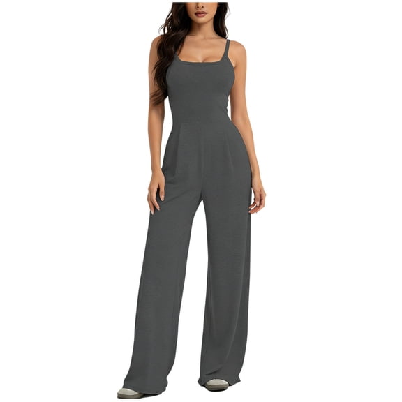 FRSASU Women's Backless Sleeveless Jumpsuits Wide Leg Rompers Spaghetti Strap Overalls Summer Outfits Dark Gray