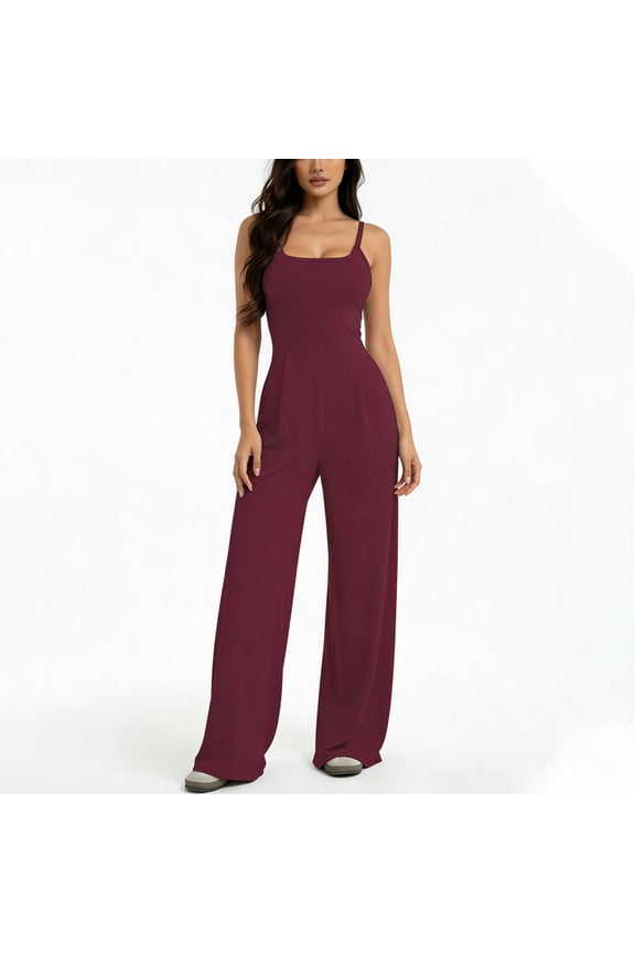 Women's Backless Sleeveless Jumpsuits Wide Leg Rompers Spaghetti Strap Overalls Summer Outfits Wine