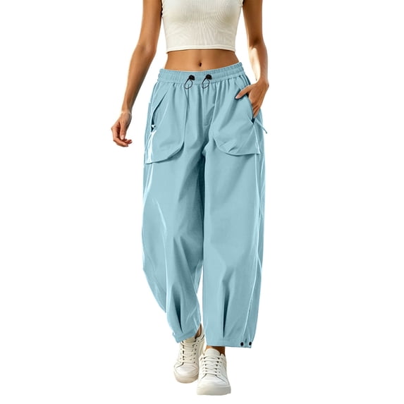 FRSASU Women's Baggy Cargo Pants Y2K Barrel Wide Leg Streetwear Drawstring Trousers with Pockets Light Blue