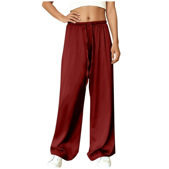 FRSASU Women's Baggy Wide Leg Pants Casual Drawstring Elastic Waisted Barrel Pants Solid Color Workout Track Pants Wine