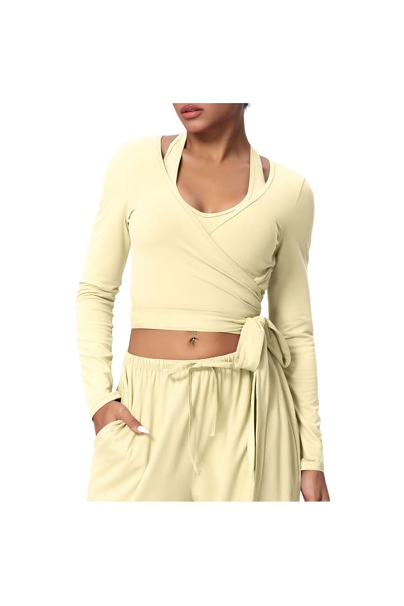 Women's Ballet Wrap Top Long Sleeve Self Tie Workout Pilates Yoga Wrap Tops Ballet Cover Up Tops Yellow