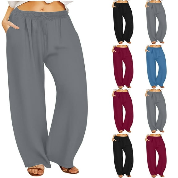 FRSASU Women's Barrel Leg Pants Solid Elasticated Waist Soft Wide Leg Pants with Pockets Casual Sweatpants Wine
