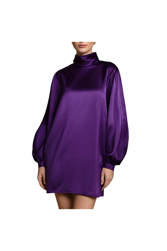 Women's Bat Long Sleeve Mini Dress Solid Color Mock Turtle Neck Wedding Party Short Dresses Purple